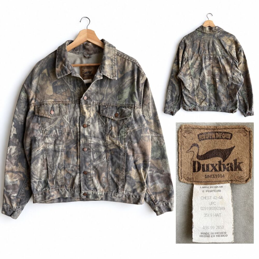 VTG Duxbak Camo Denim Jacket Mens Large Advantage Timber Faded Trucker Hunting